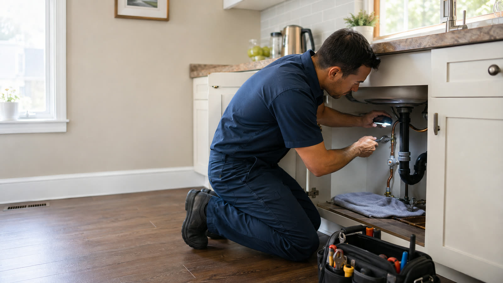 Licensed plumber inspecting household plumbing during a service visit