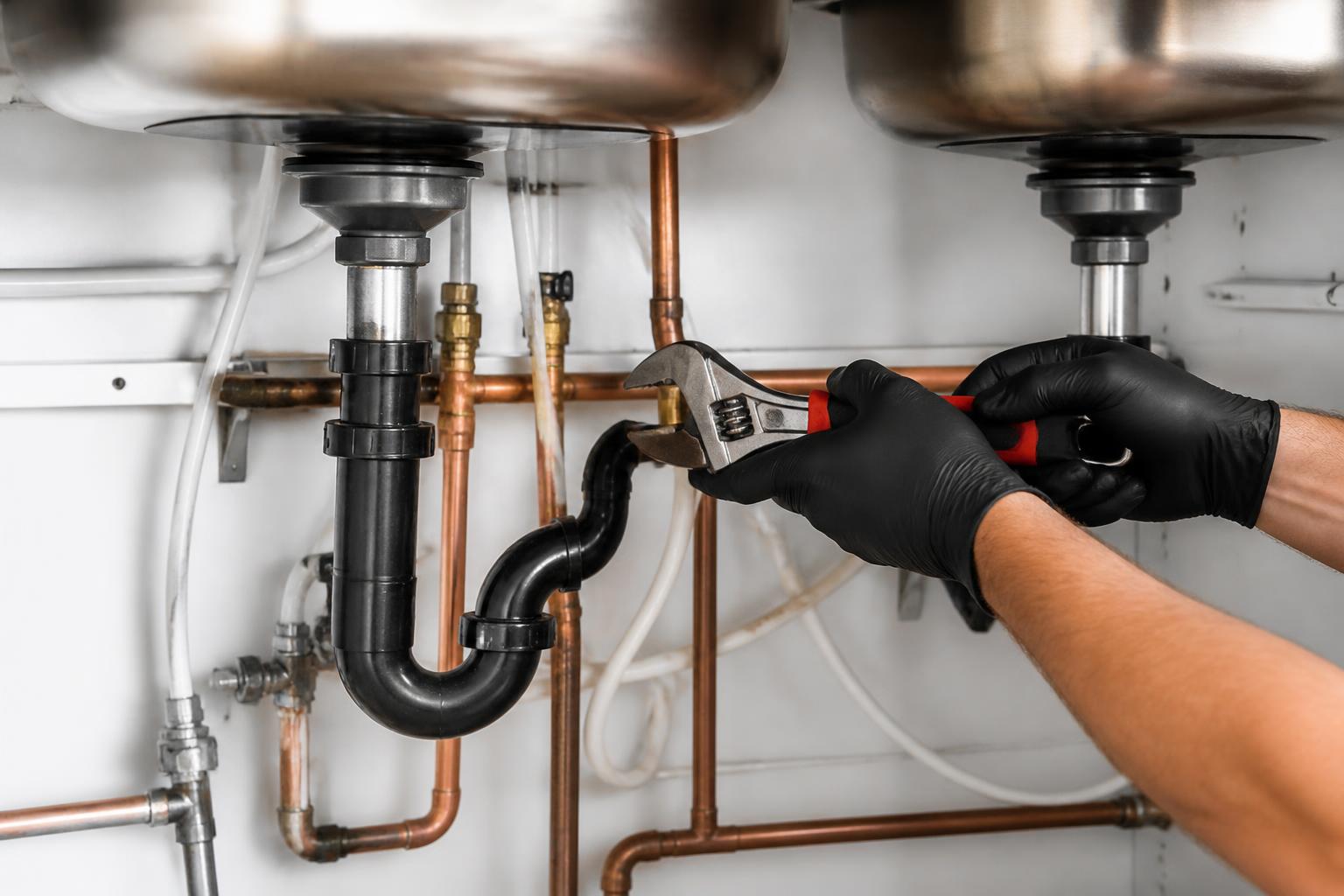 Plumber inspecting copper pipes